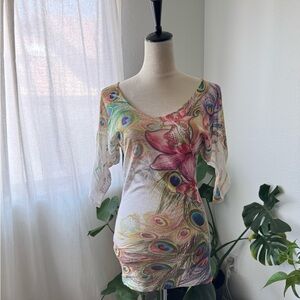 Vintage y2k Burnout Peacok floral  Tunic Dress Cut out Sleeve